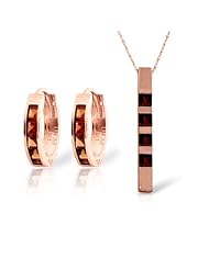 14k Rose Gold Jewelry Set: Natural Garnet Pendant Necklace and Huggie Hoop Earrings