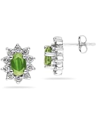 6X4mm Oval Shaped Peridot and Diamond Flower Earrings in 14k White Gold