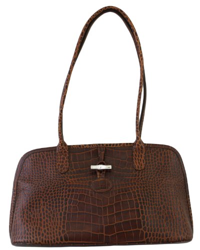 Longchamp Roseau Croc Embossed Shoulder Tote Moka Brown
