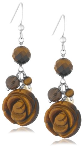 Sterling Silver Tiger Eye & Smoky Quartz Carved Floral Dangle Earrings