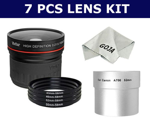 Cheap SUPER KIT For CANON A700 A710 IS, Includes: 0.21x Wide Angle Fisheye Magnification + 4 Pcs Adapter Ring Kit (43/58MM, 46/58MM, 52/58MM, 55/58MM) + 1 Comfortable Carry Case + Caps + 52MM Lens Tube Adapter + 1 Deluxe Ultra Fine Microfiber Cleaning Cloth GOJA Logo