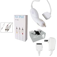 Apple iPod Charger 3 in 1 Bundled Kit - Home Travel Wall Charger - 12V Car Charger - AV Audio Video Cable