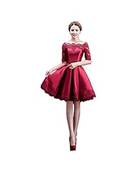 Off the Shoulder Elbow Length Sleeves Lace-Up Bateau Neck Cocktail Knee Length Satin Evening Dress/Homecoming Dress/Wedding Party Dress 