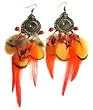 Trend Federohrring Dreamonda Schwarz-Gold Mit Orangen Federn, Wei�em Stein Und Roten Perlen.