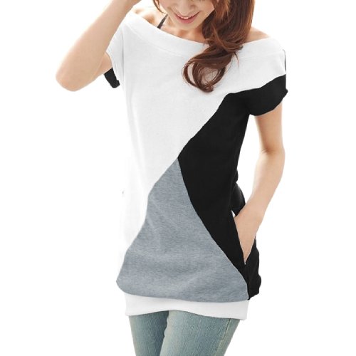 Allegra K Lady Off Shoulder Short Sleeve Stretchy Shirt Black White Gray S