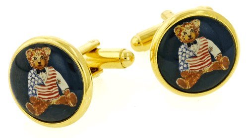 Gold plated cufflinks with a Patriotic Teddy Bear image with presentation box. Made in the U.S.A