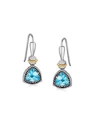 18K Yellow Gold and Sterling Silver Trilliant Style Blue Topaz Drop Earrings