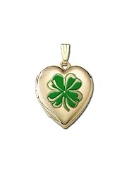 14K Yellow Gold "Sweetheart" 4 Leaf Clover w/ Green Enamel Locket 3/4 inch x 3/4 inch in Solid 14K Yellow Gold