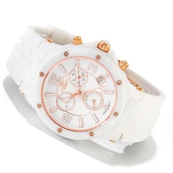 Oniss #ON640-LRG Women's White Ceramic Silicone Strap Swiss Chronogrpah Watch