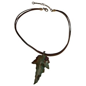 Olive Patina Brass Oak Leaf Pendant - Swarovski Crystals