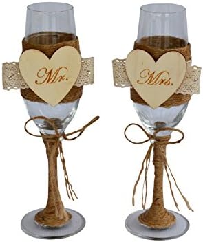 Mr. & Mrs. Personalized Rustic Wedding Bride Groom Tosting Country Barn Burlap Lace Champagne Flutes Glasses Set