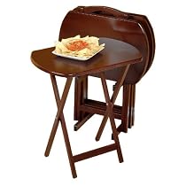 5PC Walnut Finish TV Dinner Tray Tables with Stand