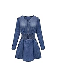 Above the Knee Long Sleeves Denim Elasticized   Waistline Vintage Mini Dress 