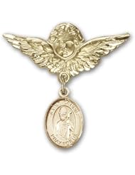 Gold Filled Baby Badge with St. Dennis Charm and Angel with Wings Badge Pin