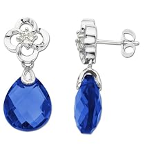 10k White Gold Lab-Created Sapphire Briolette and Diamond Dangle Earrings