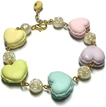 Sweetietiny Strand Bracelet Gold Plated Macaron Heart Sweet Pastel Colors Polymer Clay L6.5 Inch