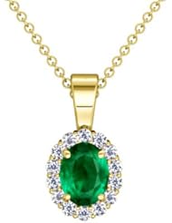 14K Yellow Gold Oval Cut Emerald And Round Diamond Pendant