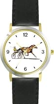 Sulky Horse or Standardbred Racehorse Horse - WATCHBUDDY&reg; DELUXE TWO-TONE THEME WATCH - Arabic Numbers - Black Leather Strap-Women's Size-Small
