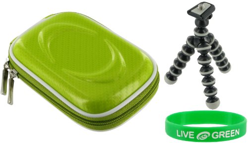 Hard Shell Carrying Case (Candy Green) and Premium Tripod for Panasonic Lumix DMC-FP1R Digital Camera Red