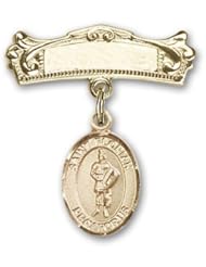 14kt Gold Baby Badge with St. Florian Charm and Arched Polished Badge Pin