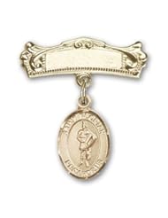 Gold Filled Baby Badge with St. Florian Charm and Arched Polished Badge Pin. Catholic Saint Florian Patron Saint of Fire Fighters, Firemen, Firefighters, Fires, Floods, Poland, Fire Preventions
