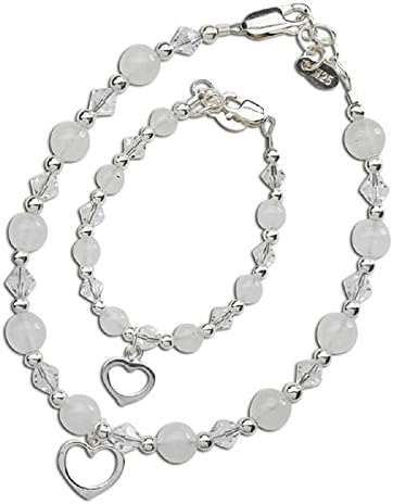 Silver Bracelet Set for mother and daughter. This beautiful keepsake uses beautiful white stones and Swarovski Crystals with matching heart charms. Adult Size for Mom and Baby Infant 0-12 Months Matching Bracelet