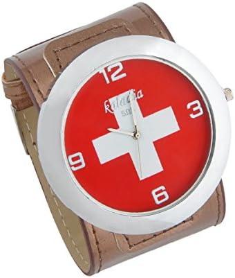 Chinausbox Kaladia 595 Unisex Spain Flag Print Rectangular Analog Quartz Watch With Faux Leather Strap - Strap Digital Sport Watch Quartz Analog Sports Wrist Watch (Brown) M