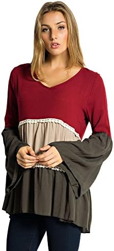 Orange Creek Women's Pom Pom Color Block 3/4 Sleeve Tunic Blouse Burgundy Medium