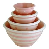 Ronnie's Terramoto Ceramic, 4-Piece Mixing Bowl Set, 4qt, 2qt, 1qt, Small Bowl, Stripes & Polka Dots, Pink