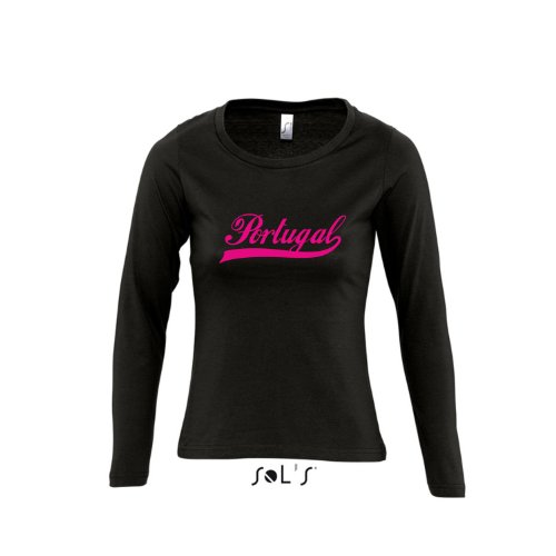 Portugal Oldschool LÄNDERSHIRT EM / WM FAN Trikot – Damen Langarm Longsleeve T-Shirt S-XL , Deep black – pink , S