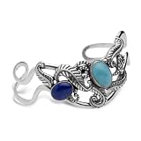 Floral Motif Silver Cuff Lapis and Turquoise Bracelet