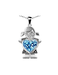 Original Star K (tm) Little Girl Holding 8mm Heart Mother Birthstone Pendant with Genuine Blue Topaz in .925 Sterling Silver
