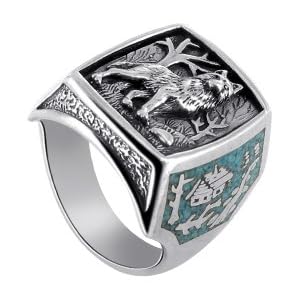 Turquoise Gemstone Inlay Southwestern Silver Wolf Ring Size 7 to 15