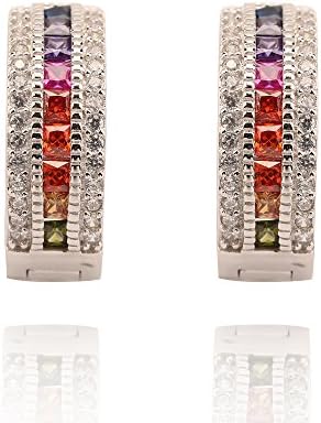 Touch Love Sterling Silver Hoop Huggie Earrings Rainbow Corundum Cubic Zirconic Stud