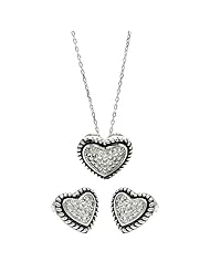 Nickel Free Sterling Silver Necklace & Earring Sets Braided Border Cubic Zirconia Stones Heart Set Pendant 16Mm X 14Mm Earring 12Mm X 13Mm Chain Adjustable 16"-18"