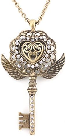 Exquisite Gold Tone Double Sides White Crystal Heart Flying Wing Key Pendant Necklace