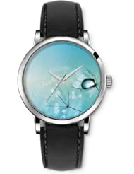 SPRAWL Aanalog Fashion Series Silver Ladies Watches of Genuine Black Leather Strap,Unique Wrist Watch for Women Girls Designed with Branches and water droplets