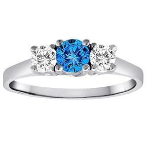 14K White Gold Round 3 Stone Blue Diamond and White Diamond Ring (1 cttw) - Size 6