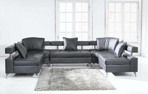 Modern Furniture 5pc Black Leather Sectional Sofa with Pillows