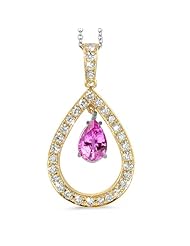 Twin Pear Shaped Diamond Pendant In 18K Yellow Gold With A 0.75 ct. Genuine pink-sapphire Center Stone.