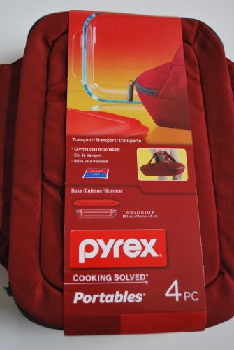 Pyrex Portables 4-Piece Set - 2 Quarts Baking Dish, Red Cover, Temperature Controlled Bag, Red Carrier