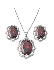 Sterling Silver Oval Garnet Earrings and Necklace Jewelry Set with Clear CZ