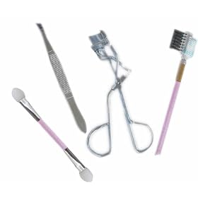 Set of 4 Tweezer, Eyelash Curler, Eyebrow Brush and Eye Shadow Applicator