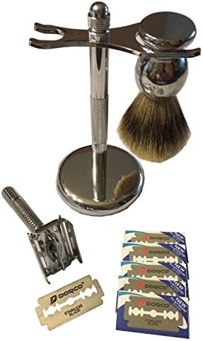 Old Classic Style Safety Razor w/ Pure Badger Hair Shaving Brush on Stand + 5 Razor Blades