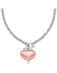 Sterling Silver Rolo Chain Necklace with a Rose Tone Puff Heart Accent