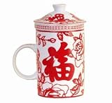 Porcelain Tea Cup with Strainer and Lid with Symbol for Good Fortune