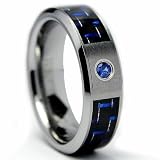 6MM LadiesTungsten Carbide Ring BLACK/ BLUE Carbon Fiber Inlay and .050 BLUE SAPPHIRE