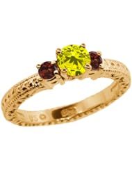 0.79 Ct Round Canary Diamond Red Garnet 18K Yellow Gold 3-Stone Ring