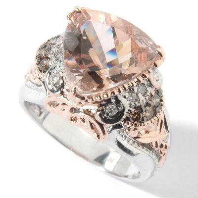 14K White / Rose Gold Peach Morganite & Brown / White Diamond Ring