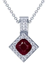 14K White Gold Cushion Cut Ruby And Round Diamond Pendant
